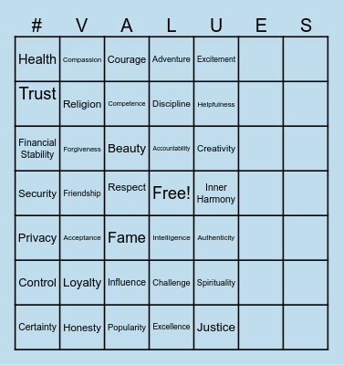 Personal Values Bingo Card