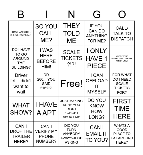 THINGS DRIVERS SAY Bingo Card