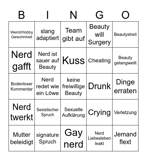 Beauty and the Nerd Bingo Card