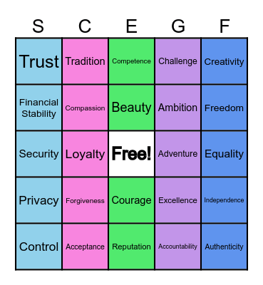 Personal Values Bingo Card