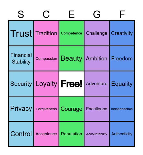 Personal Values Bingo Card
