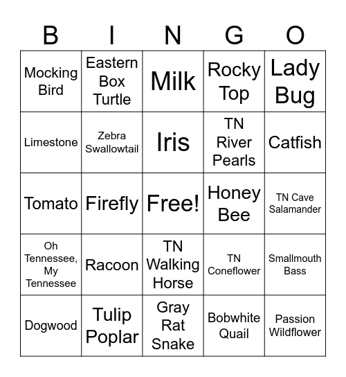 Tennessee Treasures Bingo Card