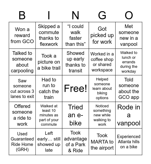Metro ATL Traffic Bingo Card