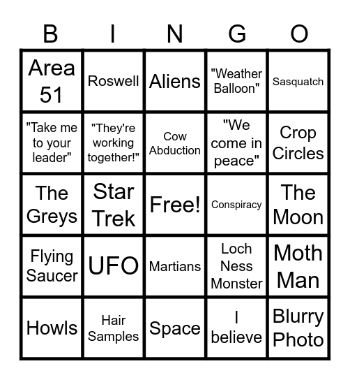Aliens vs Bigfoot Bingo! Bingo Card