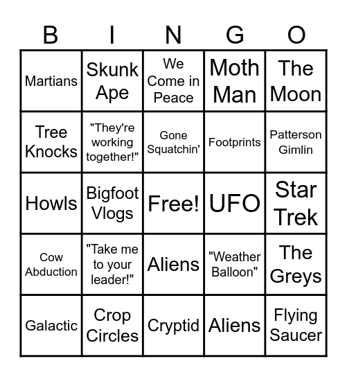 Alien vs. Bigfoot Bingo Card
