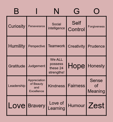 Character Strengths Bingo Card