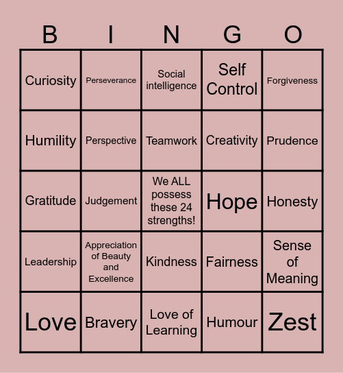 Character Strengths Bingo Card