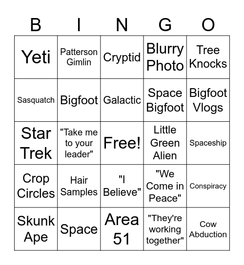 Alien vs Bigfoot Bingo Card