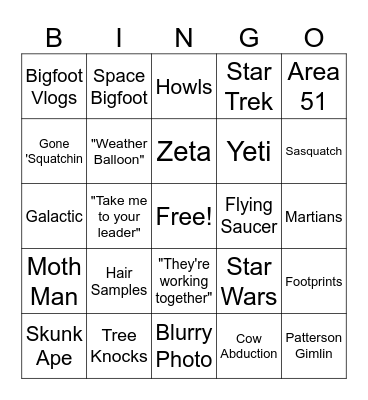Alien vs Bigfoot Bingo Card