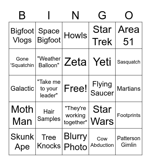 Alien vs Bigfoot Bingo Card