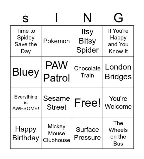 Singo Bingo kids Bingo Card