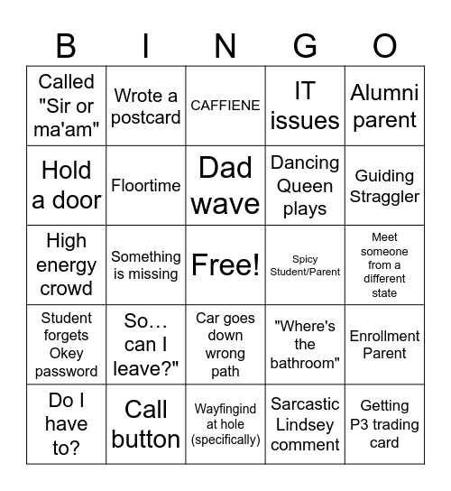 Orientation Bingo! Bingo Card
