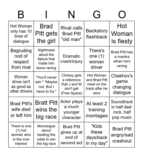 BRAD PITT HOT RACE CAR DRIVER BINGO Card