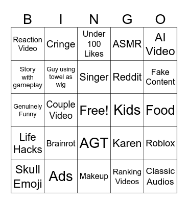 YT SHORTS BINGO Card