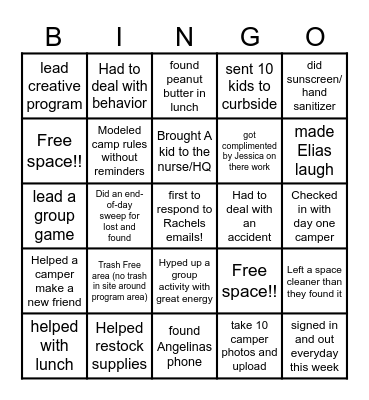 Camp counselor addition Bingo Card