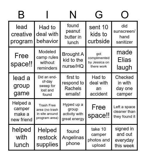 Camp counselor addition Bingo Card
