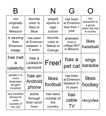 Emerson Bingo Card