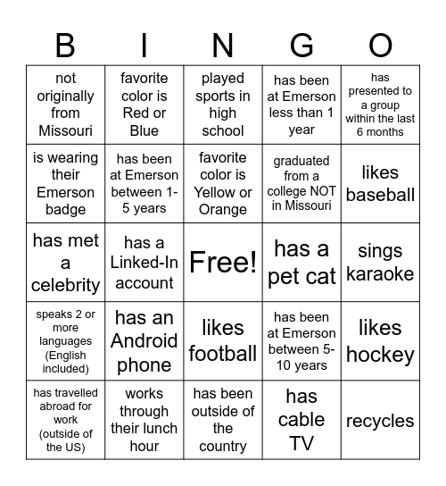 Emerson Bingo Card