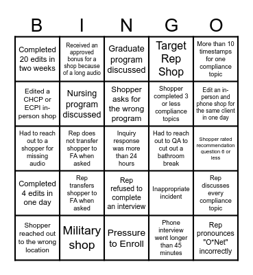 Editor Summertime Bingo Card