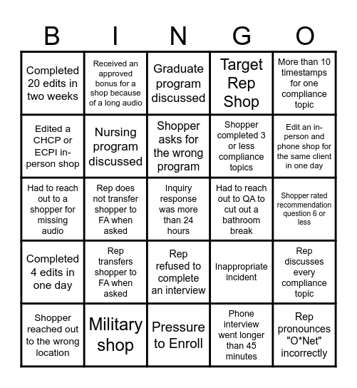 Editor Summertime Bingo Card