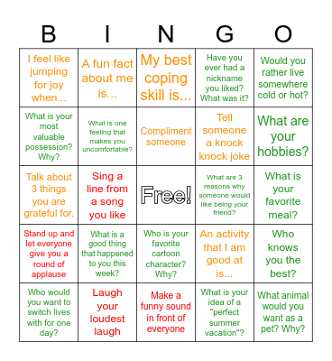 SOCIAL (orange is double points, red is triple) Bingo Card