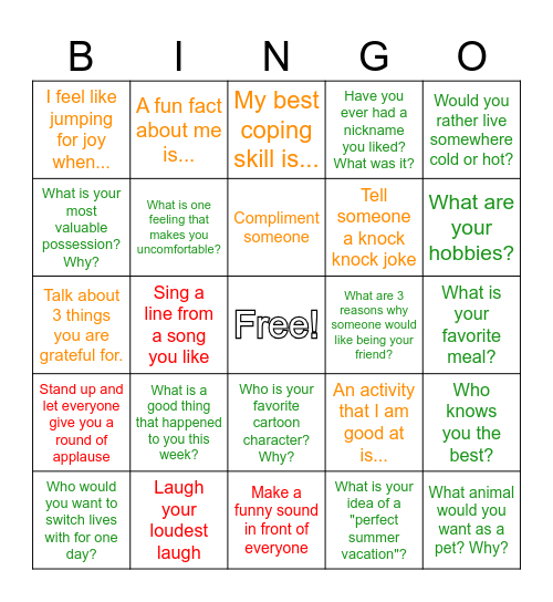 SOCIAL (orange is double points, red is triple) Bingo Card
