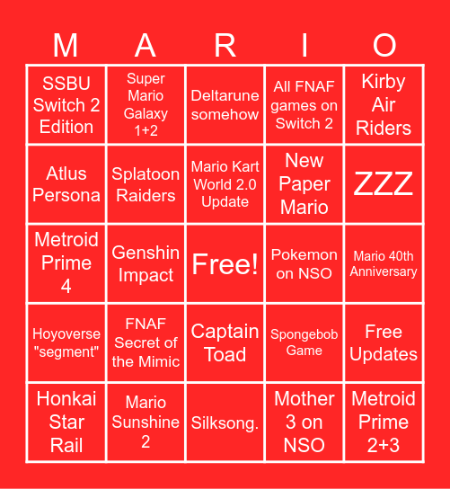 Nintendo Direct Bingo Card