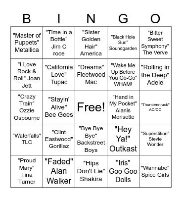 Popular Songs for 2S Bingo Card