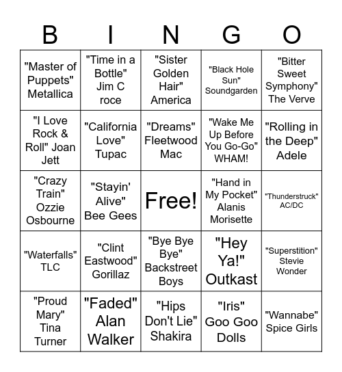 Popular Songs for 2S Bingo Card
