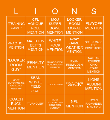 BC LIONS RADIO SHOW BINGO Card