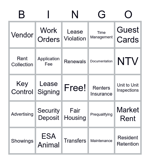 Property Management Bingo Card