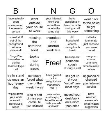 Work From Home Bingo Card