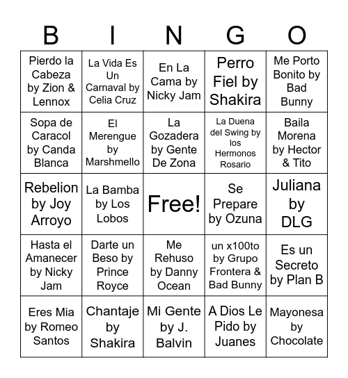 Latin Music Bingo Night Round 1 Bingo Card