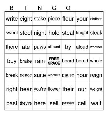 Homophone B I N G O Bingo Card