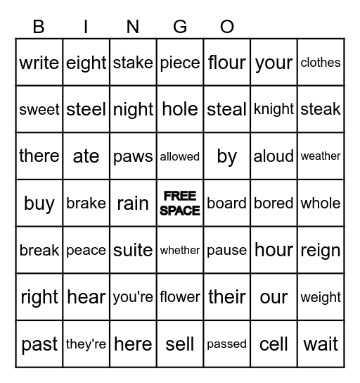 Homophone B I N G O Bingo Card