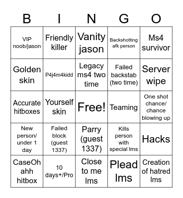 Forsaken Bingo Card