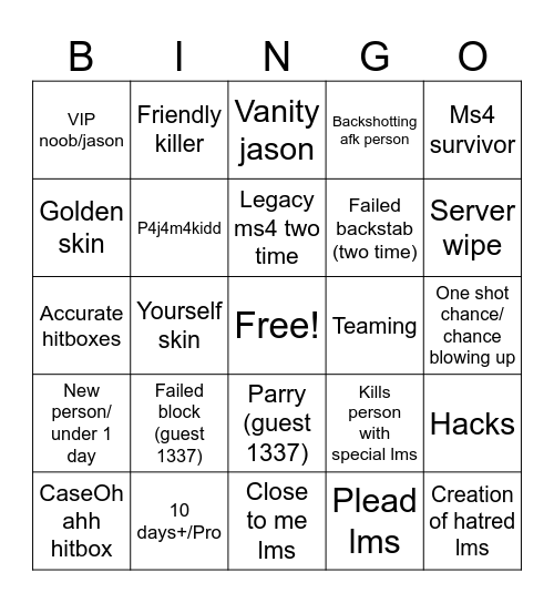 Forsaken Bingo Card