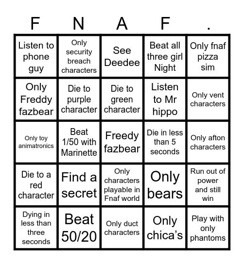 Fnaf ucn Bingo Card