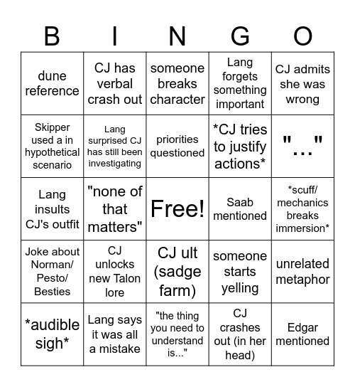 CJ / Lang Convo Bingo Card