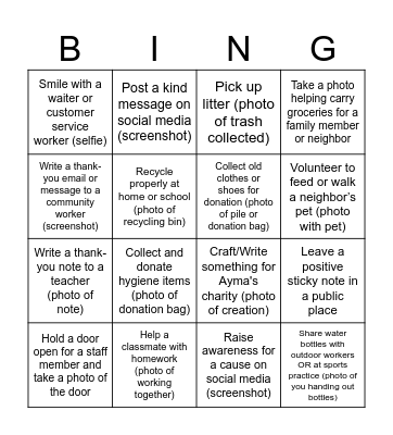 Community Service Acts of Kindness Bingo Card