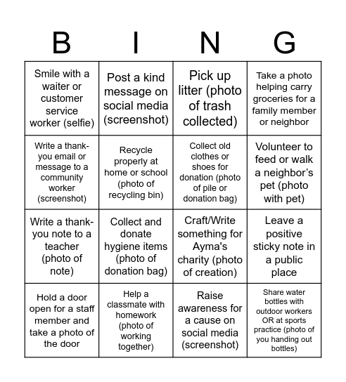 Community Service Acts of Kindness Bingo Card