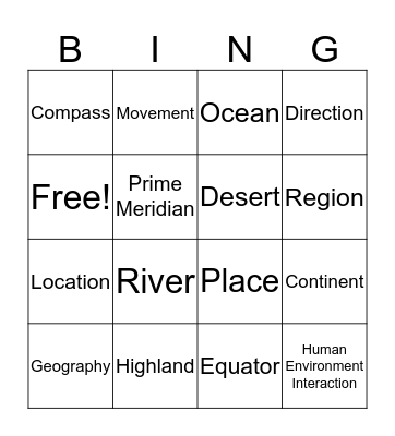 5 Themes of Geography and Africa Bingo Card