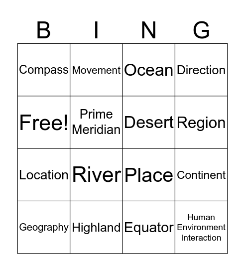 5 Themes of Geography and Africa Bingo Card