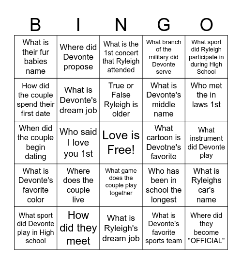 Get to know Ryleigh & Devonte Bingo Card
