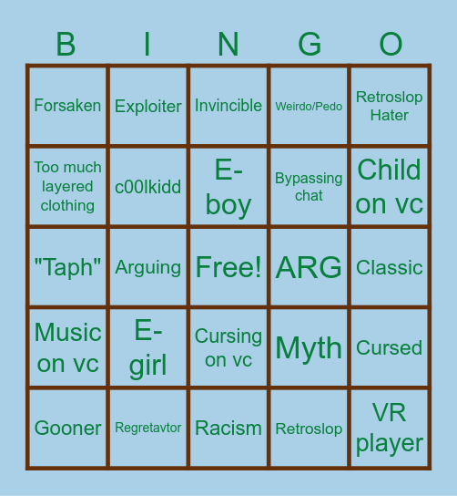 Natural Disater Survival Bingo Card