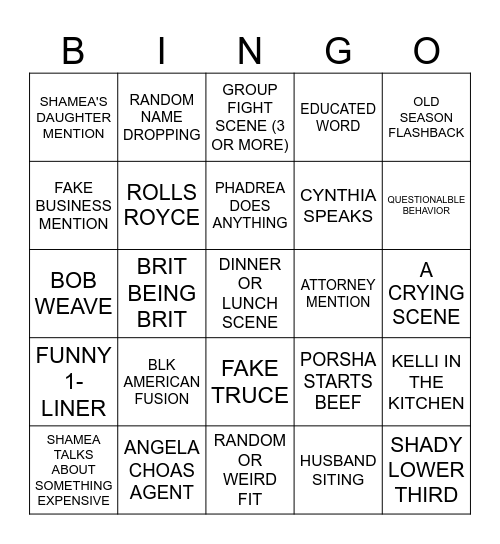 ATL Housewives S16 EP 16 Bingo Card