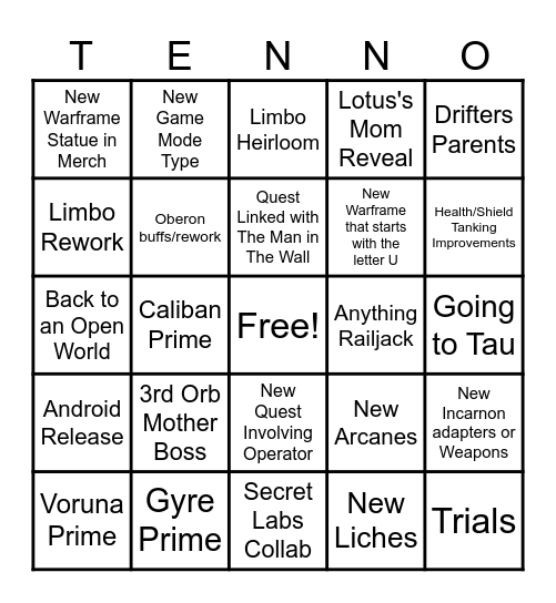 TennoCon Bingo Card