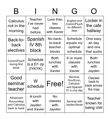 School Schedule Bingo Card
