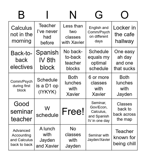 School Schedule Bingo Card