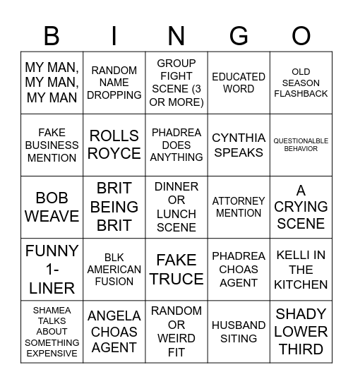 ATL Housewives S16 EP 17 Bingo Card